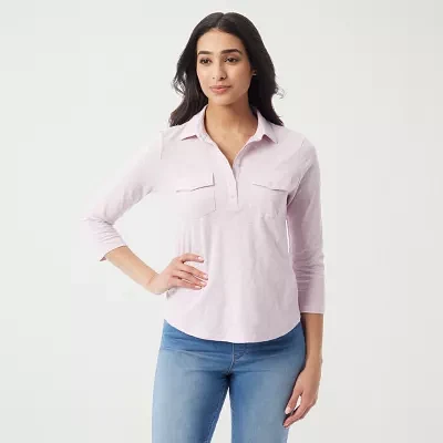Gloria Vanderbilt Womens V Neck 3/4 Sleeve Polo Shirt