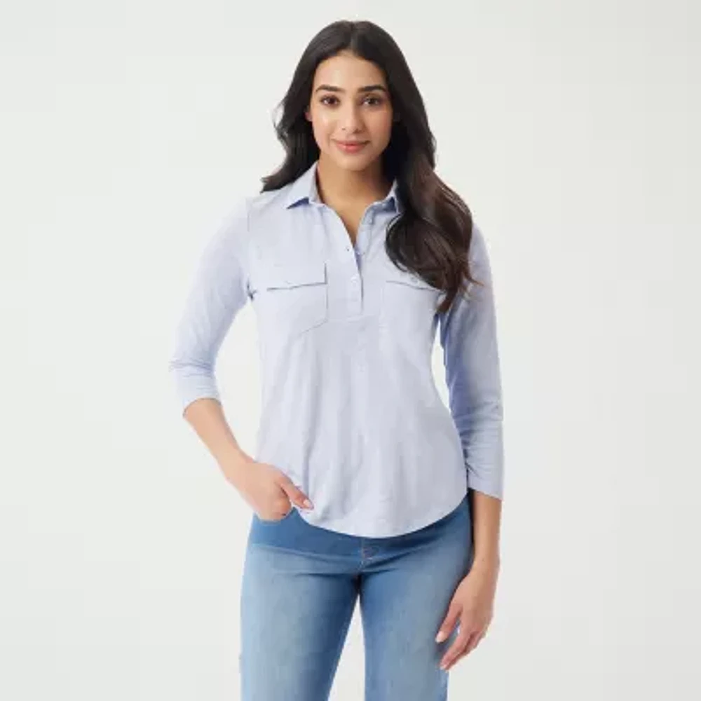 Gloria Vanderbilt Womens V Neck 3/4 Sleeve Polo Shirt