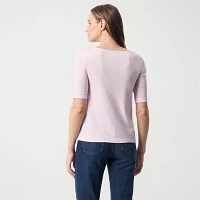 Gloria Vanderbilt Womens Y Neck Elbow Sleeve T-Shirt