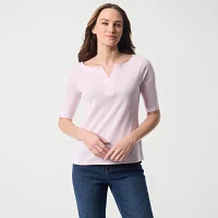 Gloria Vanderbilt Womens Y Neck Elbow Sleeve T-Shirt