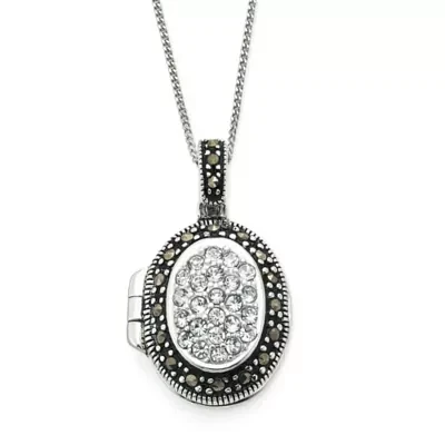 Marcasite & Cubic Zirconia Locket Pendant Sterling Silver Necklace