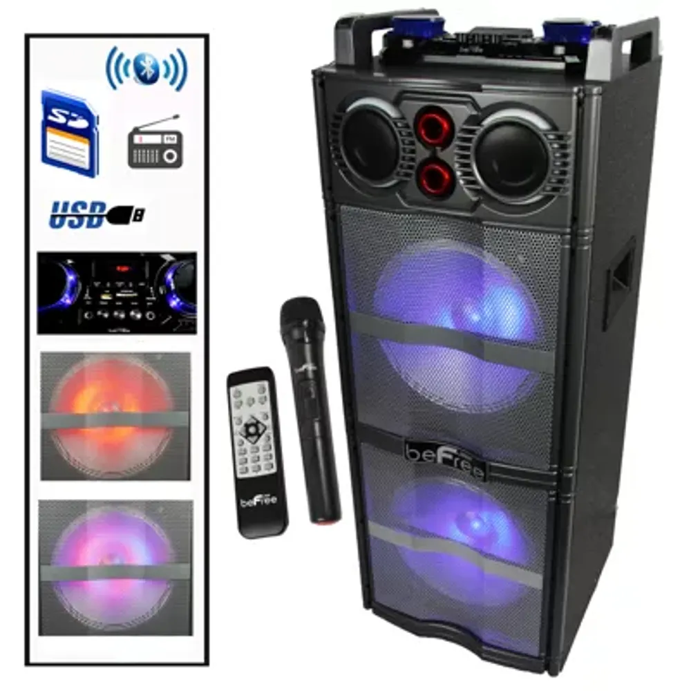 beFree Sound Double 10 Inch Subwoofer Bluetooth Portable Party Speaker with Reactive Lights,  USB/ SD Input, FM Radio, Remote Control and  Microphone