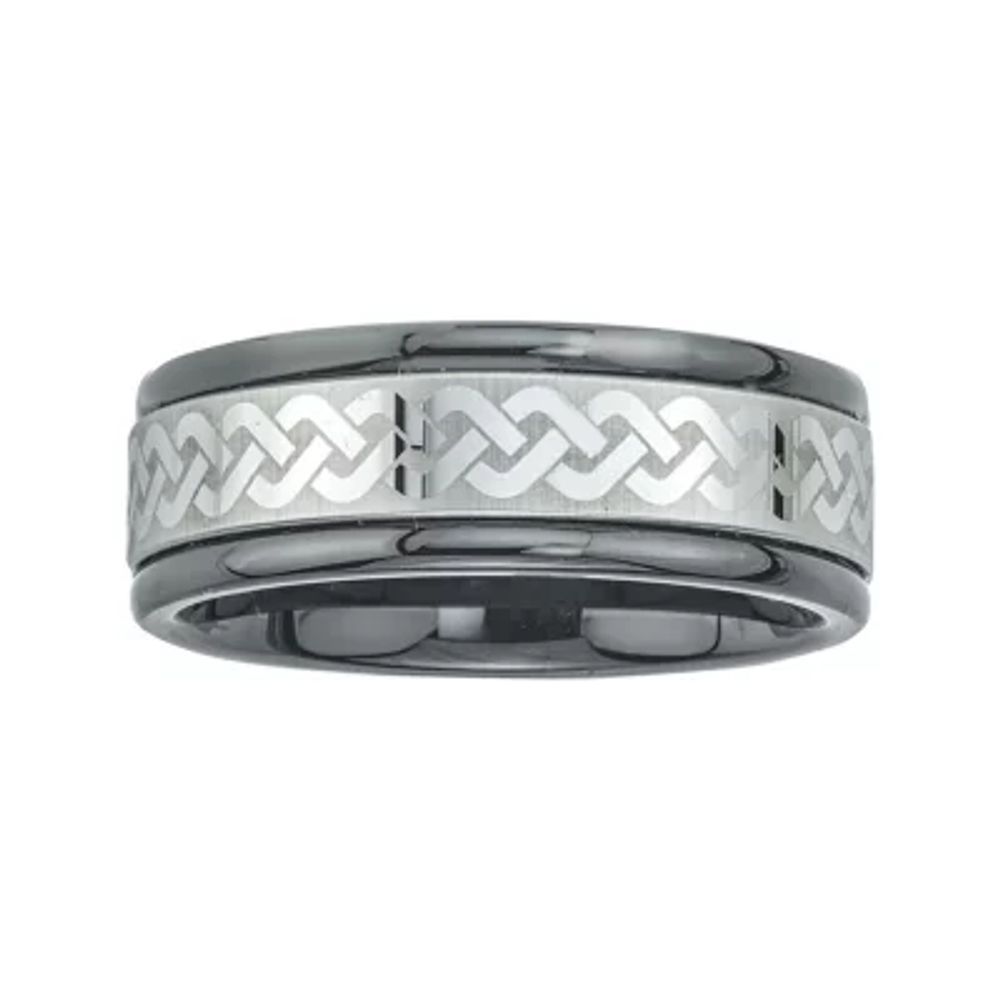 Mens Ceramic and Tungsten Laser Etched Comfort-Fit Band Ring