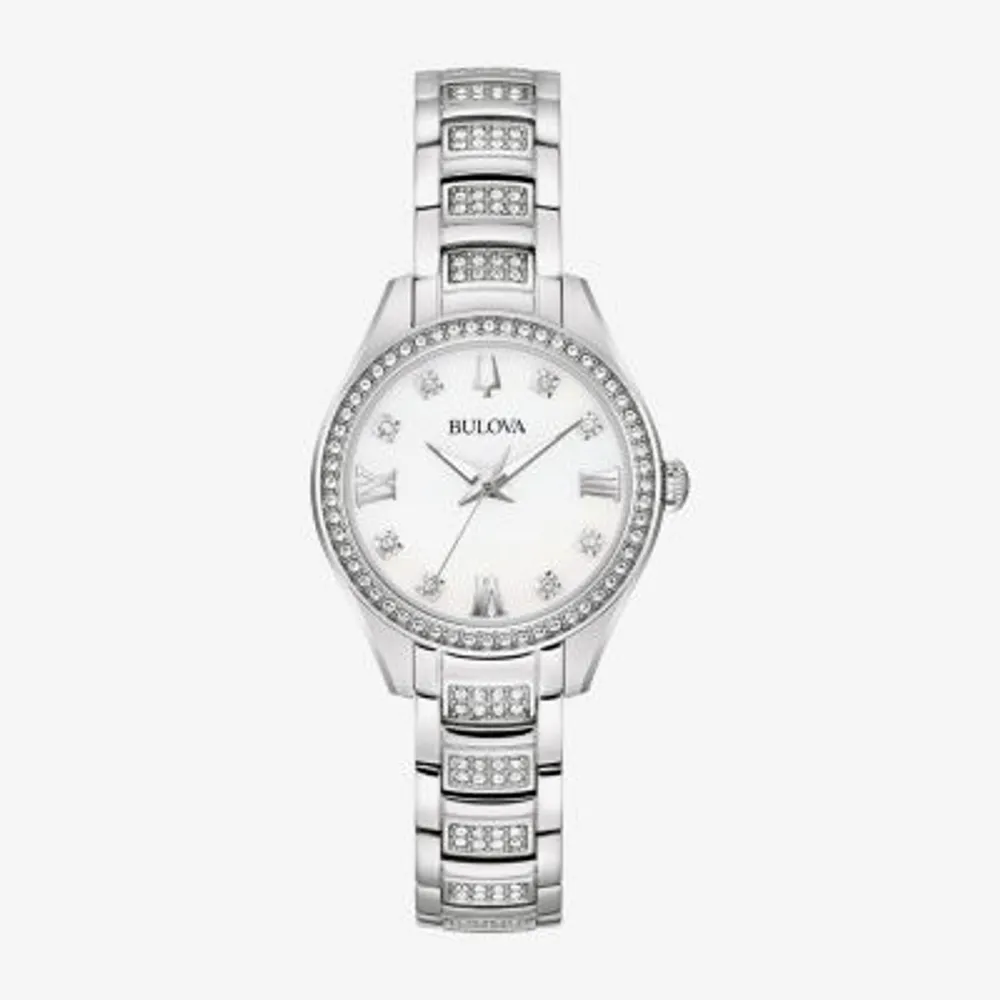 Bulova Crystal Womens Crystal Accent Silver Tone Stainless Steel Bracelet Watch 96l311