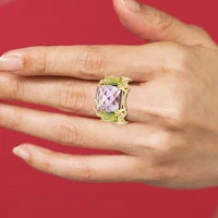 Womens Genuine Purple Amethyst 18K Gold Over Silver Square 3-Stone Cocktail Ring