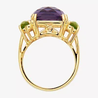 Womens Genuine Purple Amethyst 18K Gold Over Silver Square 3-Stone Cocktail Ring