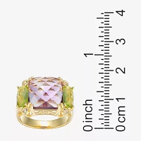 Womens Genuine Purple Amethyst 18K Gold Over Silver Square 3-Stone Cocktail Ring