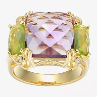 Womens Genuine Purple Amethyst 18K Gold Over Silver Square 3-Stone Cocktail Ring