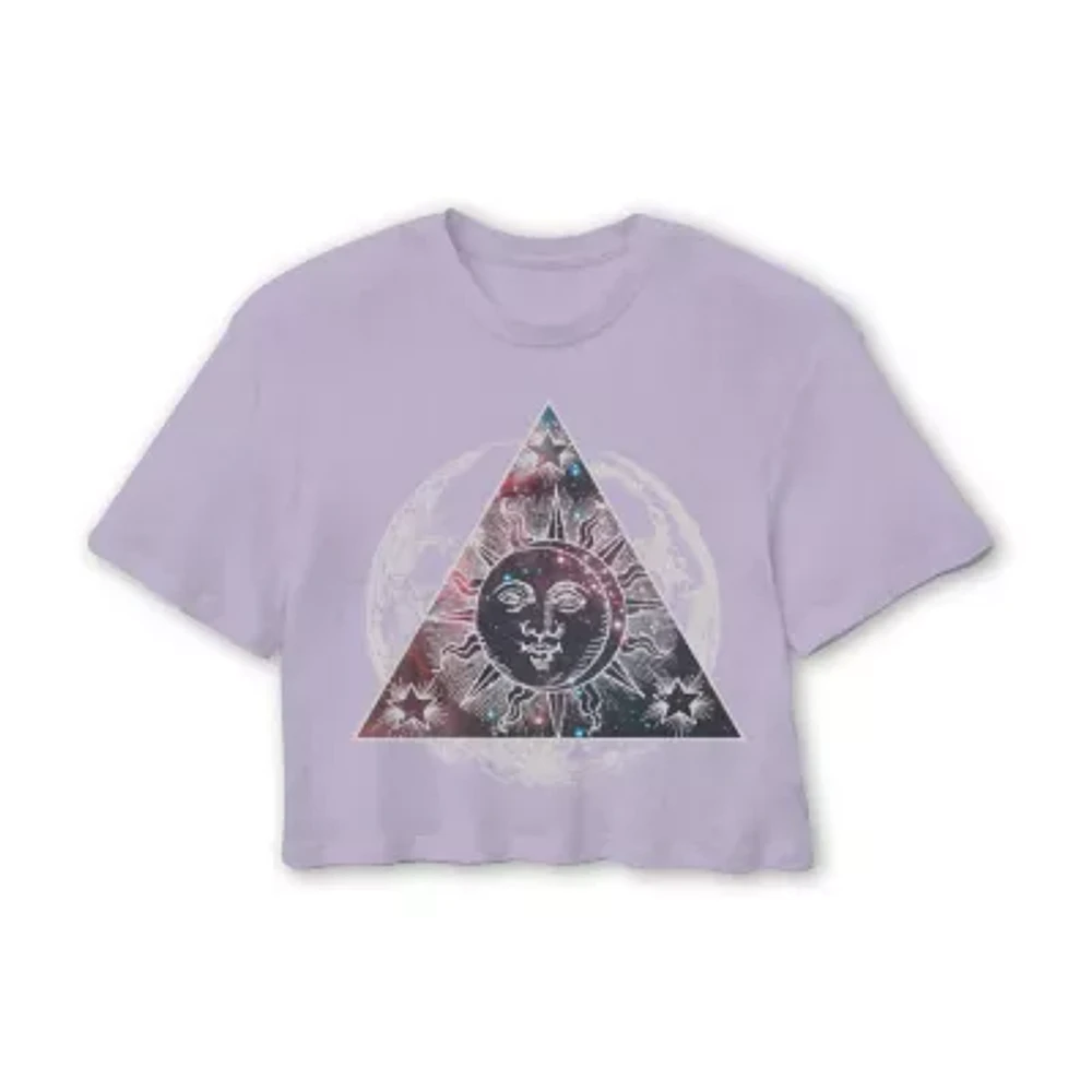 Juniors Celestial Sun Galaxy Cropped Tee Womens Crew Neck Short Sleeve Graphic T-Shirt