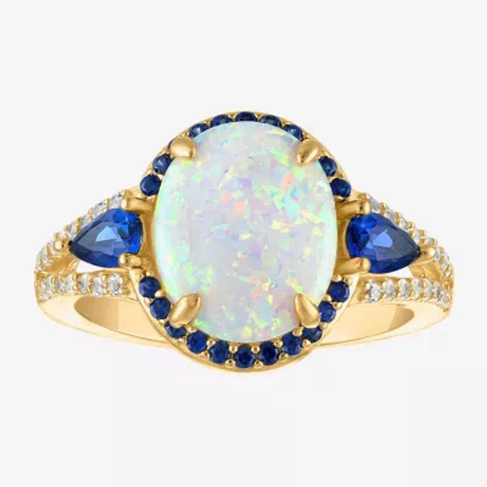 Womens Lab Created White Opal 14K Gold Over Silver Oval Halo Cocktail Ring