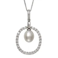 Womens White Cultured Freshwater Pearl Sterling Silver Circle Pendant Necklace