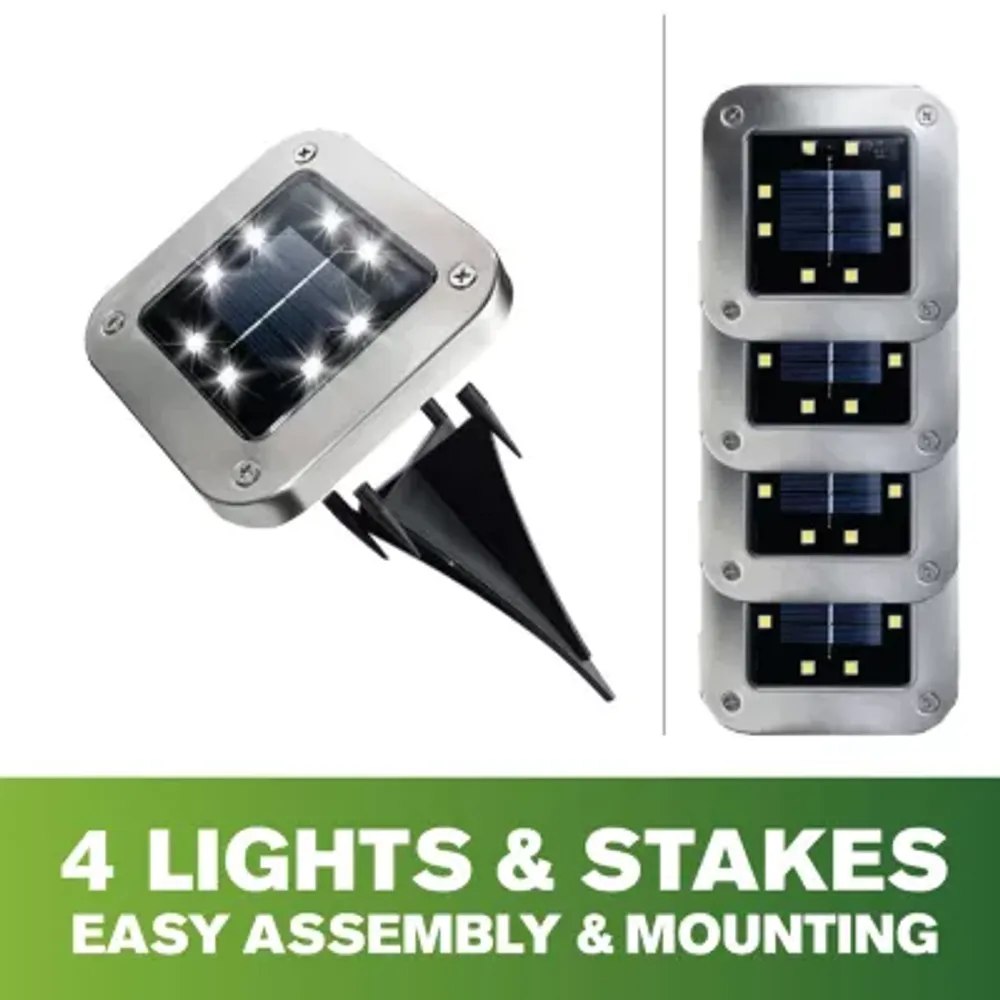 Bell + Howell 8 LED Super Bright Solar Powered Square Disk Light with Auto On/Off Lighting and Waterproof Rust-Free Stainless Tops - 4 Pack