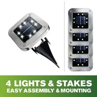 Bell + Howell 8 LED Super Bright Solar Powered Square Disk Light with Auto On/Off Lighting and Waterproof Rust-Free Stainless Tops - 4 Pack