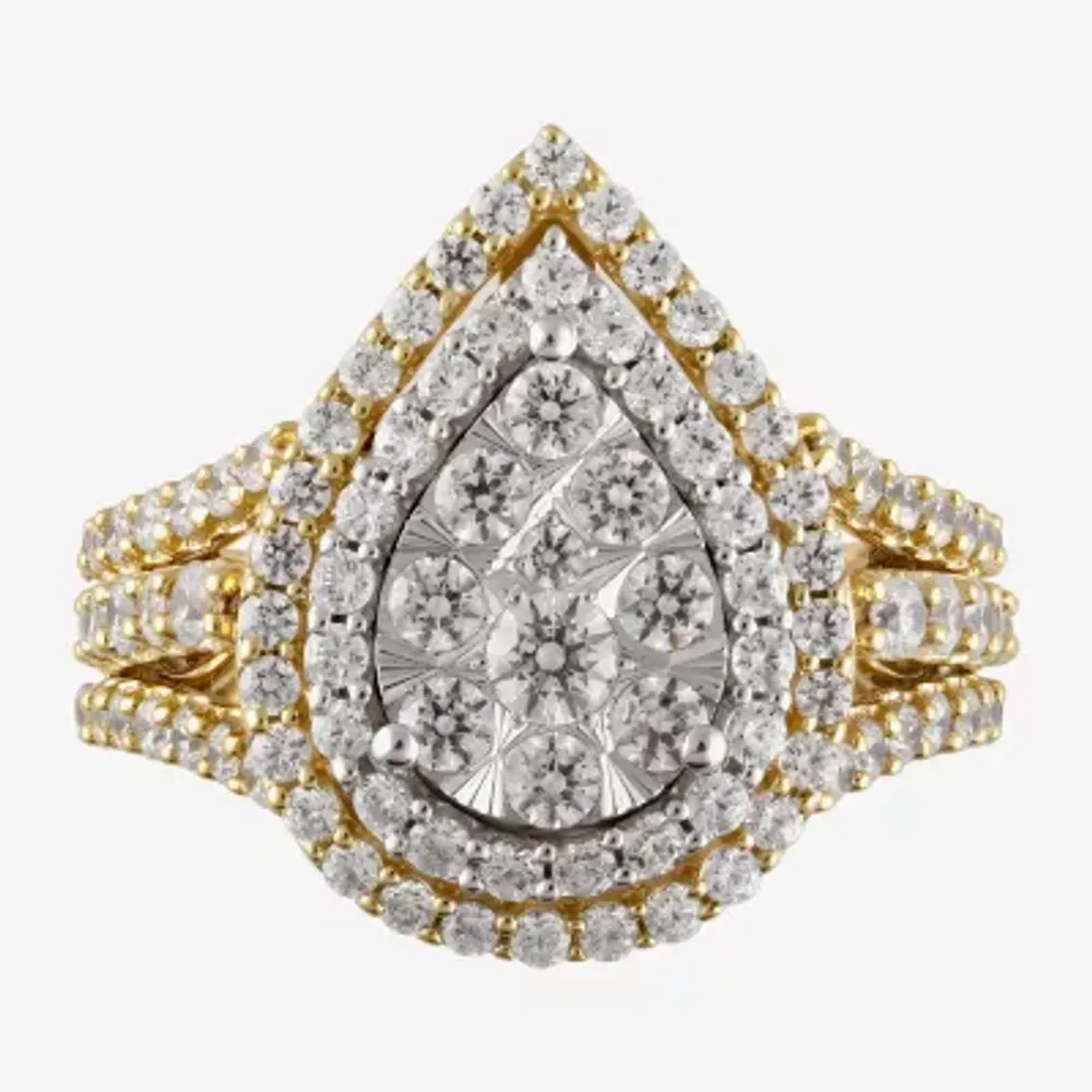 (H-I / I1) Womens 2 CT. T.W. Lab Grown White Diamond 10K Gold Pear Halo Cocktail Ring