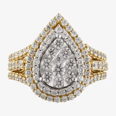 (H-I / I1) Womens 2 CT. T.W. Lab Grown White Diamond 10K Gold Pear Halo Cocktail Ring