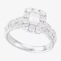 Womens 1 1/2 CT. T.W. Natural White Diamond 14K White Gold Side Stone Halo Engagement Ring