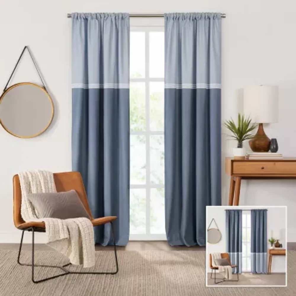 Fieldcrest Devin Flippable Stripe Cotton Chambray Energy Saving 100% Blackout Rod Pocket Single Curtain Panel