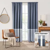 Fieldcrest Devin Flippable Stripe Cotton Chambray Energy Saving 100% Blackout Rod Pocket Single Curtain Panel