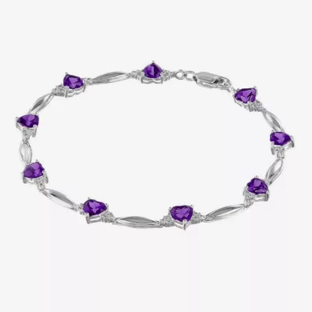 Genuine Amethyst & Diamond Accent Heart-Shaped Sterling Silver Bracelet