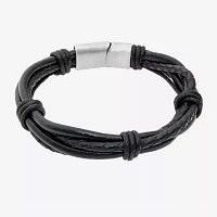 Mens Black Leather Bracelet with Stainless Steel Magnetic Clasp