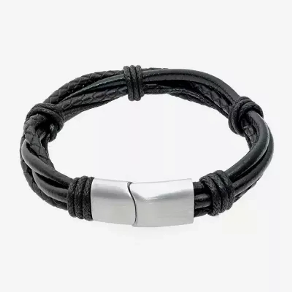 Mens Black Leather Bracelet with Stainless Steel Magnetic Clasp