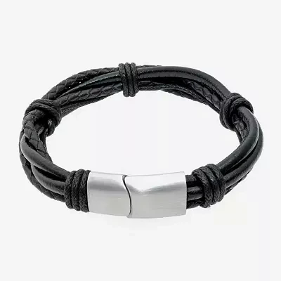 Mens Black Leather Bracelet with Stainless Steel Magnetic Clasp