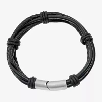 Mens Black Leather Bracelet with Stainless Steel Magnetic Clasp