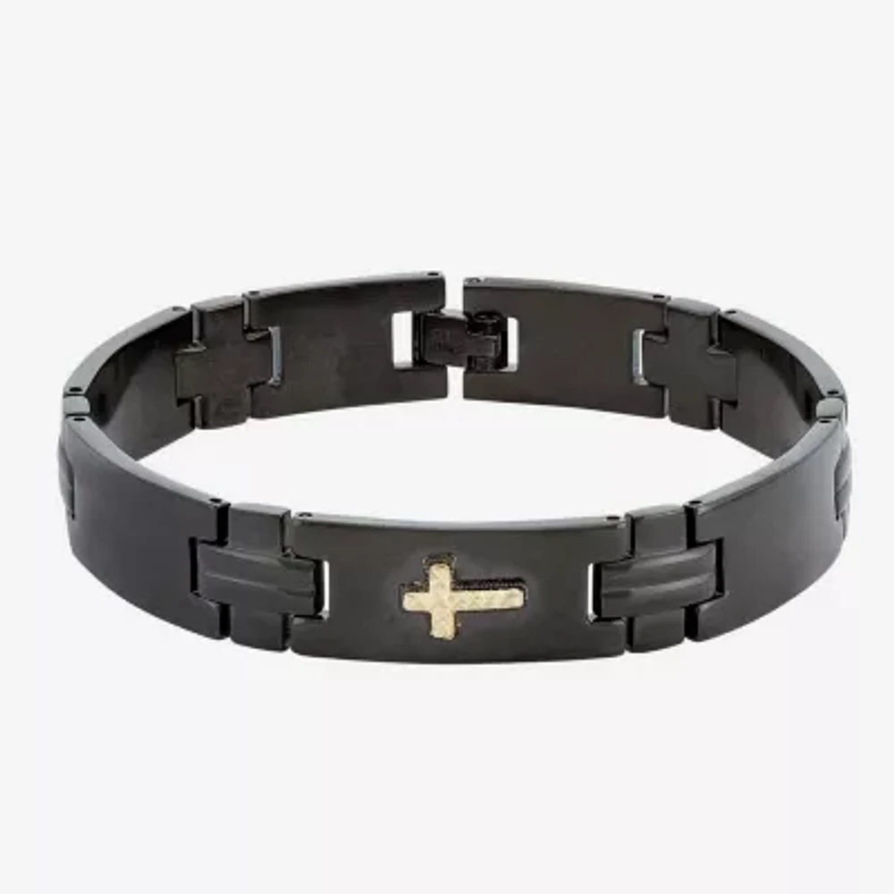 Mens Black Stainless Steel Cross Chain Bracelet