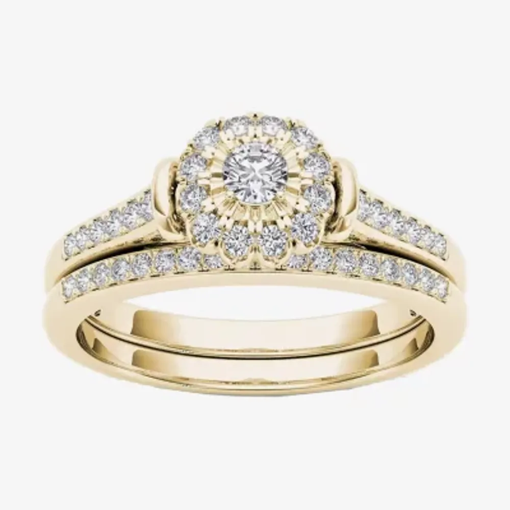 Womens 1/ CT. T.W. Natural White Diamond 10K Gold Round Side Stone Halo Bridal Set