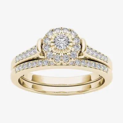 Womens 1/ CT. T.W. Natural White Diamond 10K Gold Round Side Stone Halo Bridal Set