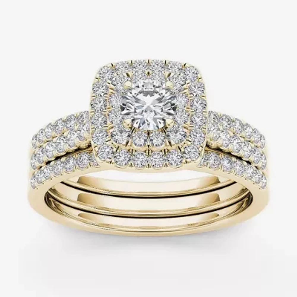 1 CT.T.W. Natural Diamond 10K Yellow Gold Halo Bridal Ring Set