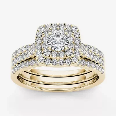 1 CT.T.W. Natural Diamond 10K Yellow Gold Halo Bridal Ring Set