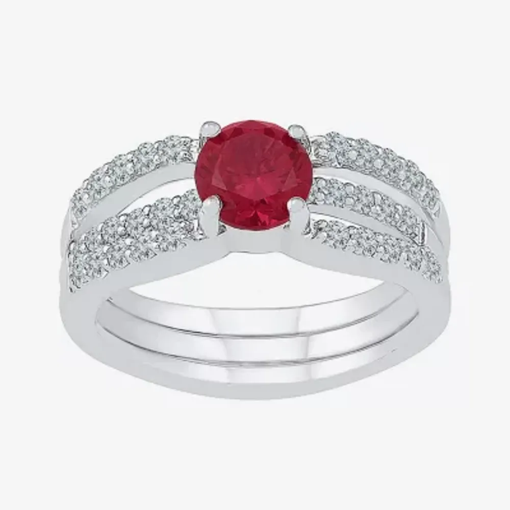 Modern Bride Gemstone Lab Created Ruby & Sapphire Sterling Silver Bridal Set