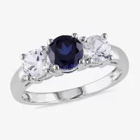 Modern Bride Gemstone Womens Lab Created Blue Sapphire 10K White Gold Round 3-Stone Engagement Ring