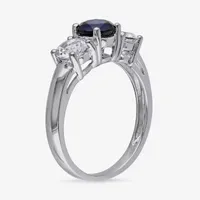 Modern Bride Gemstone Womens Lab Created Blue Sapphire 10K White Gold Round 3-Stone Engagement Ring