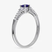 Modern Bride Gemstone Womens Diamond Accent Lab Created Blue Sapphire Sterling Silver Round Side Stone Promise Ring