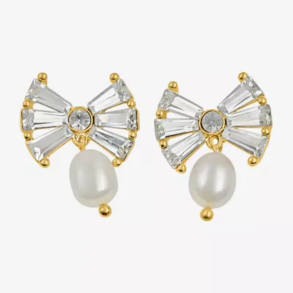 Bijoux Bar Gold Tone Glass Simulated Pearl 10K Gold Over Brass Bow Drop Earrings