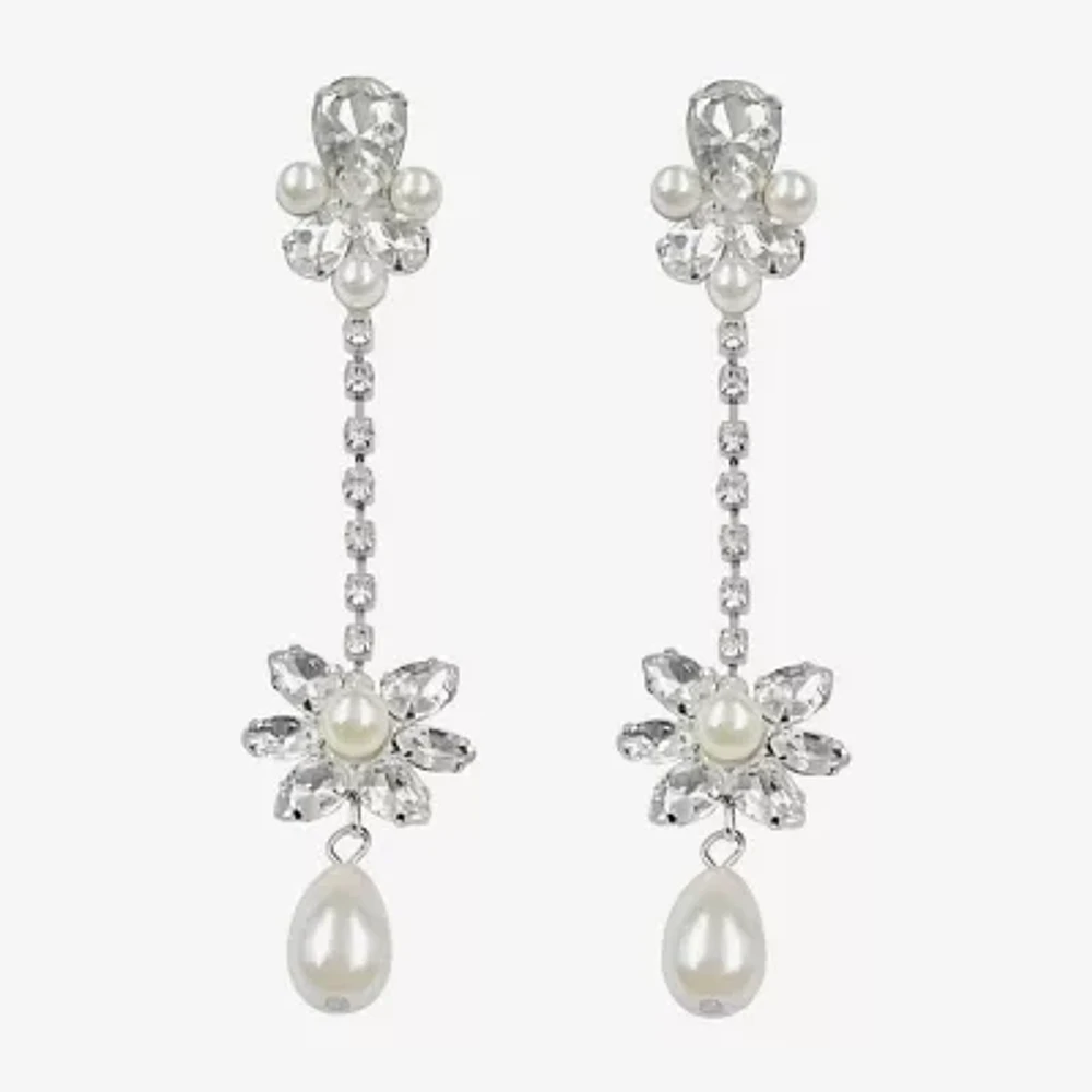 Bijoux Bar Silver Tone Glass Simulated Pearl 10K Gold Over Brass Flower Drop Earrings