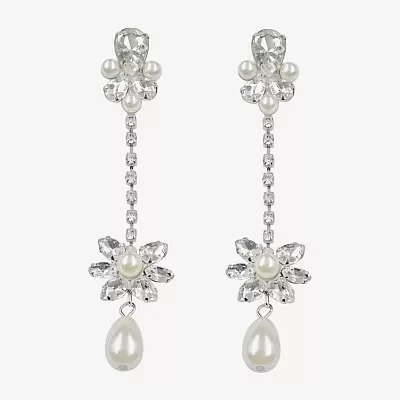 Bijoux Bar Silver Tone Glass Simulated Pearl 10K Gold Over Brass Flower Drop Earrings