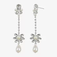 Bijoux Bar Silver Tone Glass Simulated Pearl 10K Gold Over Brass Flower Drop Earrings