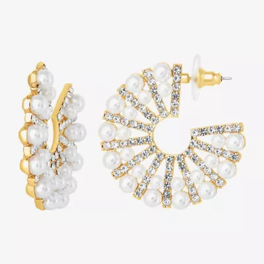 JS Jessica Simpson Gold Tone Glass Simulated Pearl Hoop Earrings