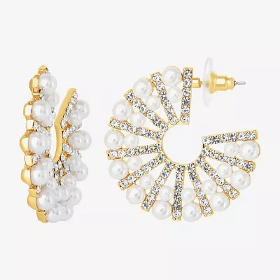 JS Jessica Simpson Gold Tone Glass Simulated Pearl Hoop Earrings
