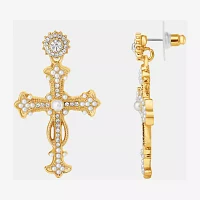 JS Jessica Simpson Gold Tone Womens Glass Simulated Pearl Cross Drop Earrings