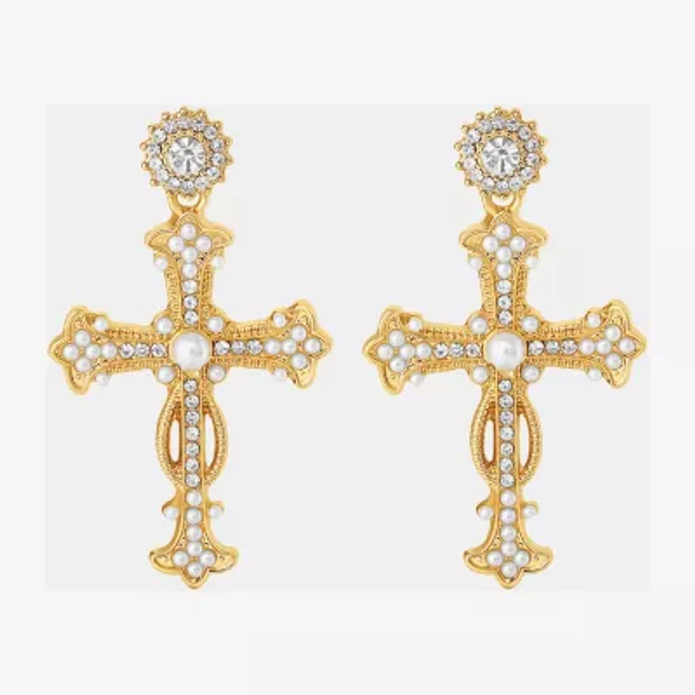 JS Jessica Simpson Gold Tone Womens Glass Simulated Pearl Cross Drop Earrings