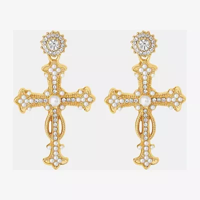 JS Jessica Simpson Gold Tone Womens Glass Simulated Pearl Cross Drop Earrings