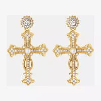 JS Jessica Simpson Gold Tone Womens Glass Simulated Pearl Cross Drop Earrings