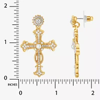 JS Jessica Simpson Gold Tone Womens Glass Simulated Pearl Cross Drop Earrings