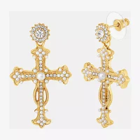 JS Jessica Simpson Gold Tone Womens Glass Simulated Pearl Cross Drop Earrings