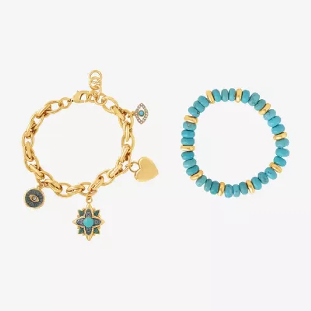 JS Jessica Simpson Gold Tone 2-pc. Turquoise 7.5 Inch Link Heart Bracelet Set