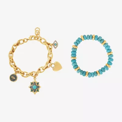 JS Jessica Simpson Gold Tone 2-pc. Turquoise 7.5 Inch Link Heart Bracelet Set
